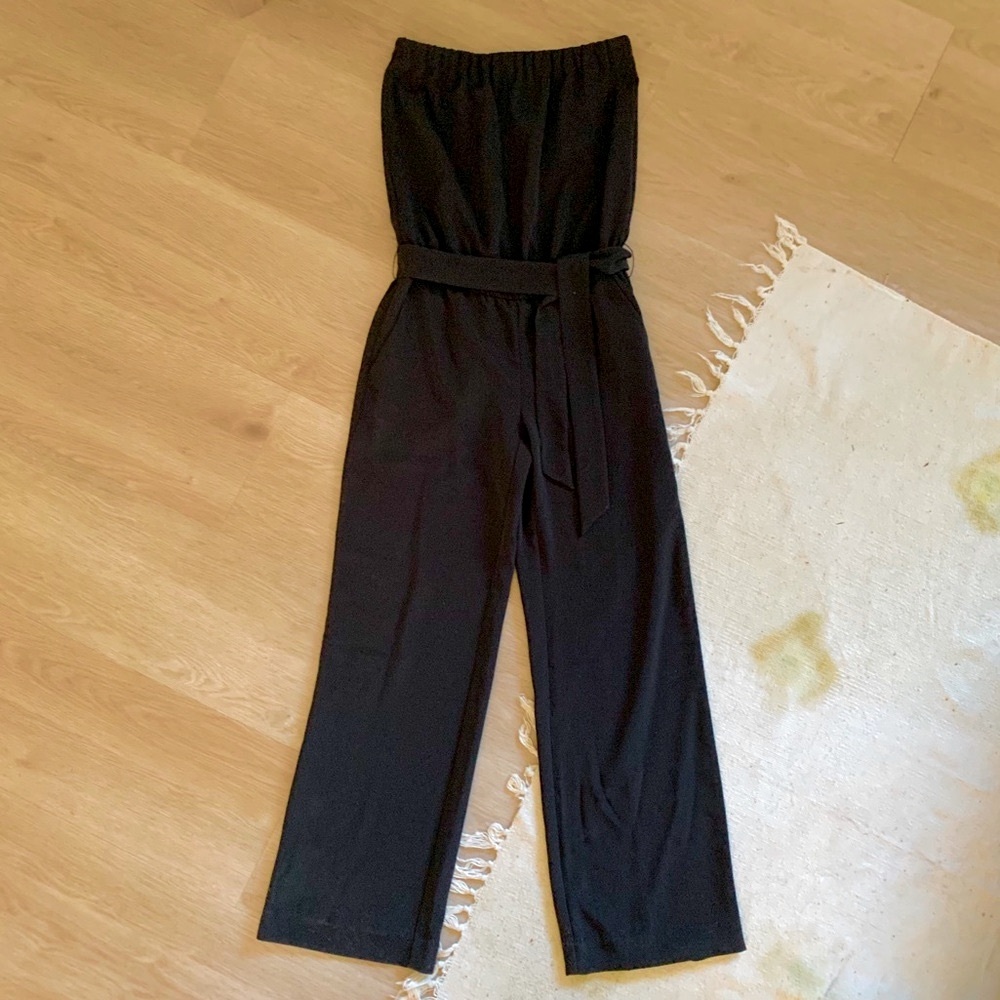 LOFT Black Strapless Wide Leg Jumpsuit with Removable Tie Belt Size XS